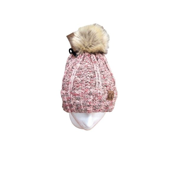 C.C. Beanie Pom Pom Hat - Rose Knit - Faux Fur Pom - Unisex Winter Accessory - Picture 1 of 10